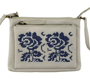 Clever Carriage Company Cross Stitch Rose Leather‎ Crossbody Purse White Blue thumbnail 1