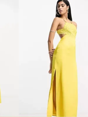 NWT ASOS Yellow Embroidered Bodice Satin Bias Midi Dress Size 2 thumbnail 3