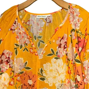 Roller Rabbit Women’s Size L Yellow Floral V-Neck Peasant Blouse Top Shirt thumbnail 3
