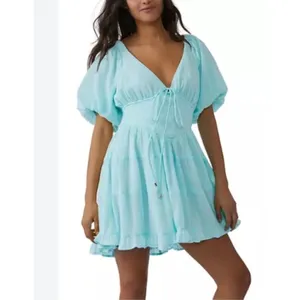 Free People perfect day mini dress Sz M NWT $108 retail Smocked Puff Sleeves thumbnail 4