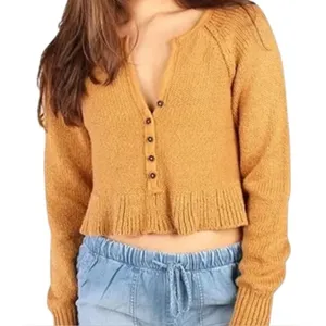 Free People Sweetheart Henley Cropped V-Neck Tan Camel Boho Sweater XS‎ $128 NWT thumbnail 1
