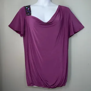 Maurices Going Out Top Plus Size 1 1X Dark Purple Slinky Knit Drape Neck Beaded thumbnail 1