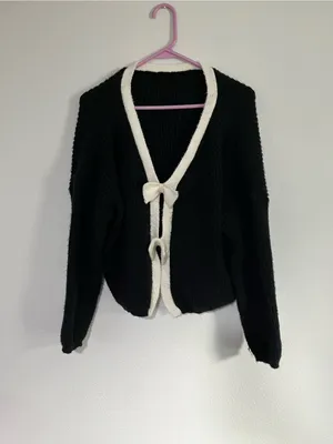 SHEIN Black & Cream Bow-Trim Cardigan Sweater - Women's size M thumbnail 4