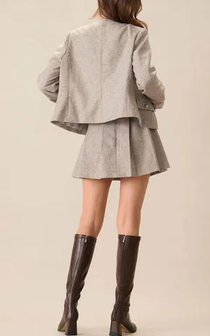 Rihoas Round Neck Khaki Single-Breasted Jacket & Pocket Pleated Mini Skirt thumbnail 7