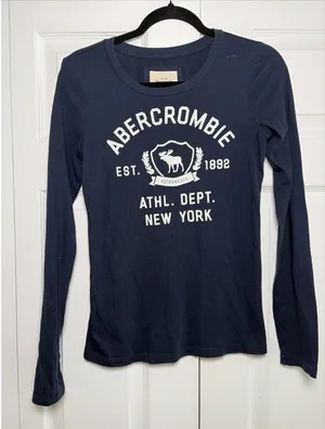 Abercrombie & Fitch Womens XL Navy Blue Long Sleeve Graphic Tee Moose Logo NY thumbnail 1