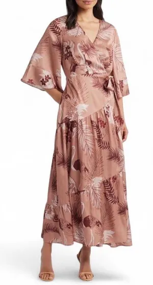 Ciebon Pink Brown Floral Satin Wrap Maxi Dress thumbnail 1