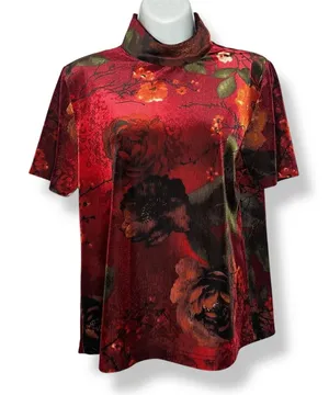Vintage Floral Top Velvety Ribbed Short Sleeves Deep Red Mock Neck‎ Women Medium thumbnail 1