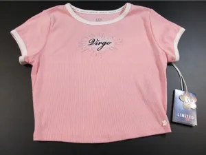 Limited Too Virgo Crop Top Baby Tee NWT Small Pink Zodiac Rhinestone Ringer thumbnail 1
