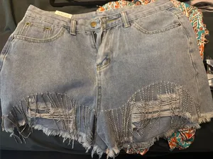 Women’s Light Blue Distressed Denim Shorts with Rhinestone Fringe RUN SMALL thumbnail 1
