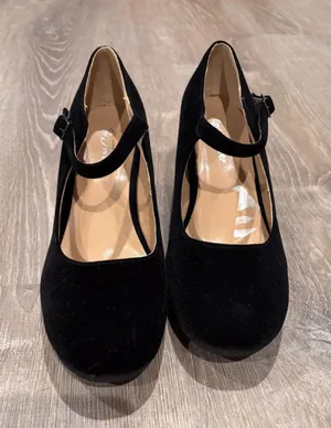 Forever Mary Jane‎ Wedge Heels Black Suede Ankle Strap Platform Pumps Shoes thumbnail 1