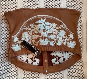 Lucky & Blessed Camel Stretch Suede Floral Embroidered Top thumbnail 2