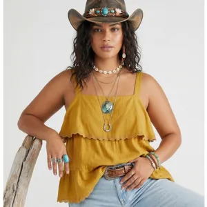 White Birch Tiered Ruffle Solid Camisole Top Mustard Boho Lace Trim Size 1XL thumbnail 1