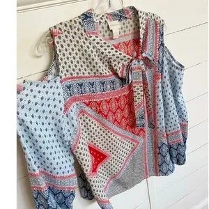 Chicos Cold Shoulder‎ Tie Neck Patchwork Blouse Red White Blue Size 2 Large thumbnail 6