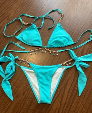 NEW Turquoise Beaded Charms Seashell Nautical Tie Side Triangle Bikini Set NWOT thumbnail 1