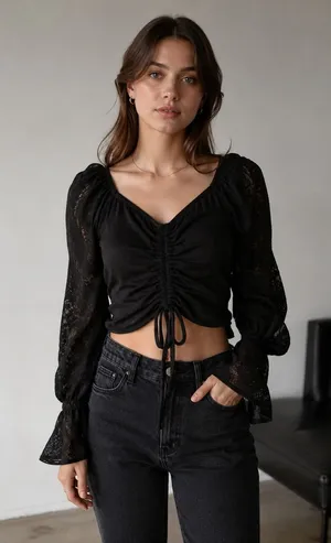 Marsha Black Black Lace Crop Top Women's Gothic Y2K Ruched Tie Front Long Sleeve thumbnail 1