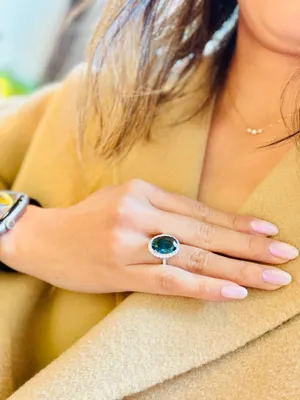 New Silver Tone Large Lagoon Oval Imitation Tourmaline Halo Style Cocktail Ring in7,8 thumbnail 4