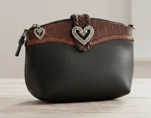 Brighton Vintage Crossbody Bag Black Leather Brown Croc Embossed Heart Accent thumbnail 1