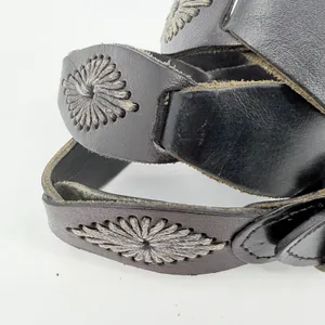 Boho Black Leather Embroidered Concho Womens Belt Sz Small Brass Buckle Western thumbnail 2
