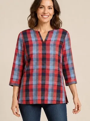 Brooks Brothers Womens Red Blue Plaid Cotton 3/4 Sleeve V-Neck Tunic Top Size 4 thumbnail 1
