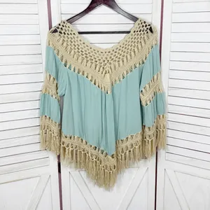 UMGEE Boho Peasant Crochet Fringe Hem Triangle Top‎ Teal Green Tan Large Hippie thumbnail 10