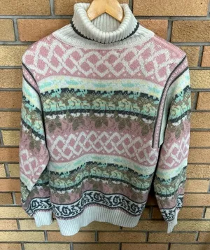 Vintage Jason Maxwell Chunky Fair Isle Turtleneck Sweater Size Small thumbnail 1