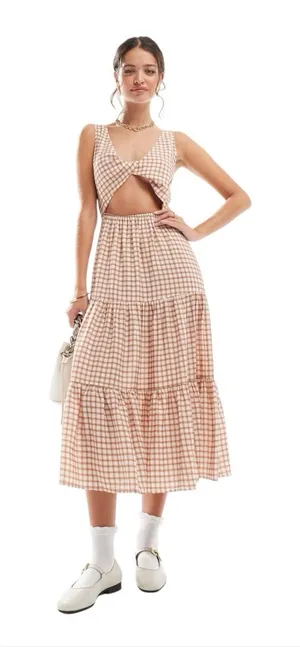 ASOS DESIGN Knot Detail Tiered MIdi‎ Dress Brown Gingham Large Tie Open Back thumbnail 1
