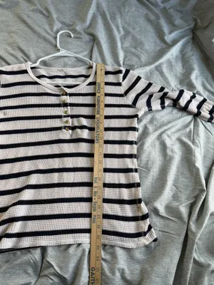 J. Crew Womens Waffle Thermal Henley Top Shirt Striped Blue Ivory Gold Button M thumbnail 10