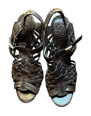 Tory Burch Shoes Womens Size 7.5M‎ Brown Leather Woven High Heel Sandals Strappy thumbnail 1