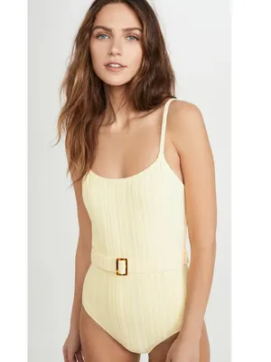 Solid & Striped Nina Belted One Piece Swimsuit Yellow Ribbed Scoopneck Womens M thumbnail 2