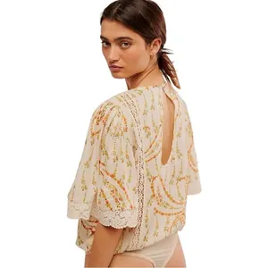 Free People Bali Tate Blousy Bodysuit Floral Top Tapioca Boho‎ Crochet XS thumbnail 3
