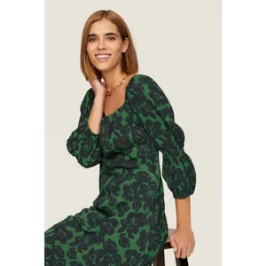 Peter Som Green Floral Print Crepe Long Sleeve Square Neck Midi Dress Size 6 thumbnail 4