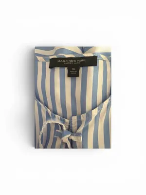Blue and White Striped Puff-Sleeve Tie-Front Peplum Blouse thumbnail 2