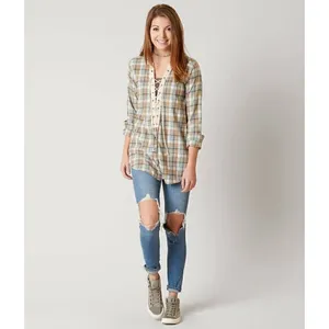 Gimmicks by BKE Neutral Color Plaid Lace Up Front Shirt Oversized Small thumbnail 9