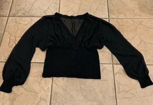 Sheer Long Sleeve Button Down V Neck Blouse Black Size L thumbnail 1