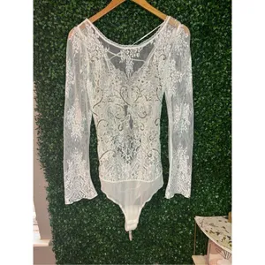 NWT $168 FREE PEOPLE Ready To Party Bodysuit White Embellished Lace Mesh Sheer S thumbnail 5