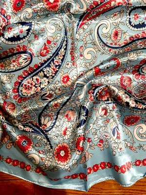 VINTAGE aqua blue paisley super boho print oversized silky scarf 35/35 thumbnail 14