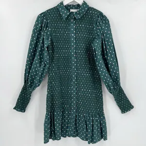 ASOS Smocked Polka Dot‎ Green Mini Dress Long Sleeves Collared Button Size 4 thumbnail 2