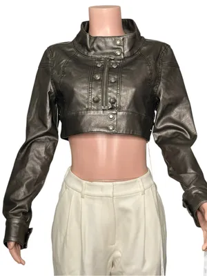 JADED LONDON Alektra Military Faux Leather Crop Jacket, Metallic Black, Medium thumbnail 4