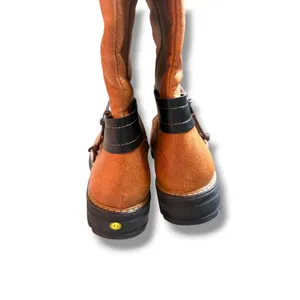 Moto Boots Womens 41 Brown Grey Felt Cuff Lug Sole Mid Calf Harness Strap NWOT thumbnail 3