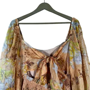 Here Comes The Sun Floral Smocked Balloon Sleeve Back Tie Mini Dress Orange Sz M thumbnail 5