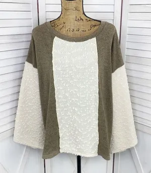 POL Open Tie Back Sweater Bell Sleeve Color Block Brown Cream Large‎ Boho thumbnail 1