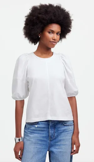 J.Crew Madewell Puff Sleeve Tee Shirt Cotton Top Relaxed Minimalist Eyelet White S NWT thumbnail 1