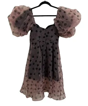 NEW Asos Dress Size 6 Women's Organza Overlay Puff Sleeve Midi Polka Dot Dress thumbnail 2