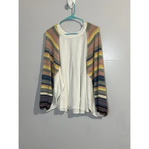 EUC‎ Free People Rainbow Dreams Sweater Thermal Knit Balloon Sleeve Oversized S thumbnail 2