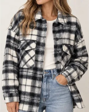 Zara Italian Fabric Wool Plaid Oversized Shacket Shirt Jacket Black White Small thumbnail 1