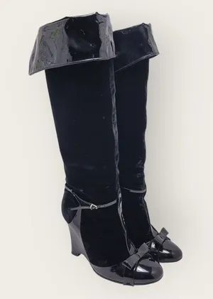 Laurence Dacade Velvet Patent Leather Bow Knee High Wedge Heels Boot Size 38 thumbnail 1