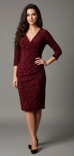 Lauren Ralph Lauren Faux Wrap Sheath Dress Burgundy Black Geometric Ruched Sz 6 thumbnail 1