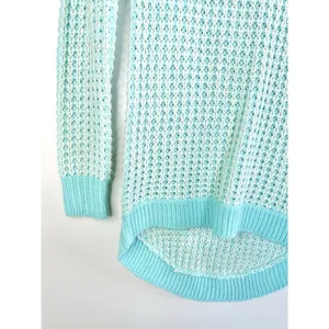 POOF! Womens Size S Open Knit V-Neck Sweater Aqua Blue White Hi-Low Boho Coastal thumbnail 5
