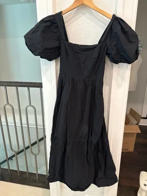 ASTR The Label Black Puff Sleeve Square Neck Tiered Midi Dress XS thumbnail 2