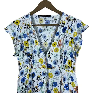 Zara Basic Floral Print Button Front Mini Dress White Blue Yellow Boho Size S thumbnail 3